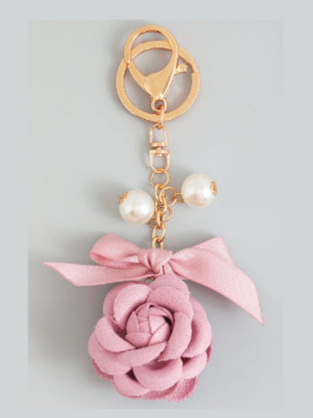 Flower, Bow, Pearl Bag Charm Keychain. 5.75" Long